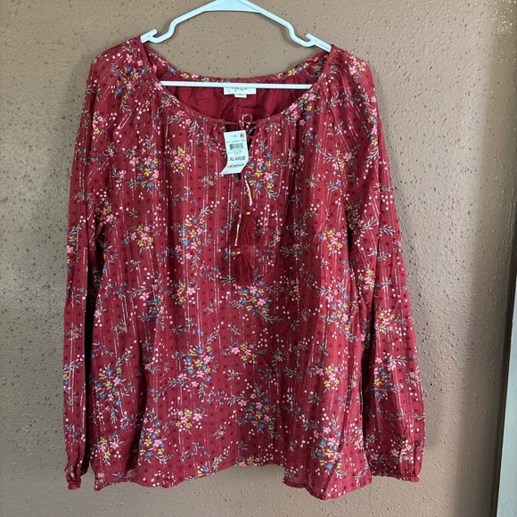 Style & Co Tops - Style & Co Merlot Red Floral Metallic Stripe Tassel Peasant Blouse XL